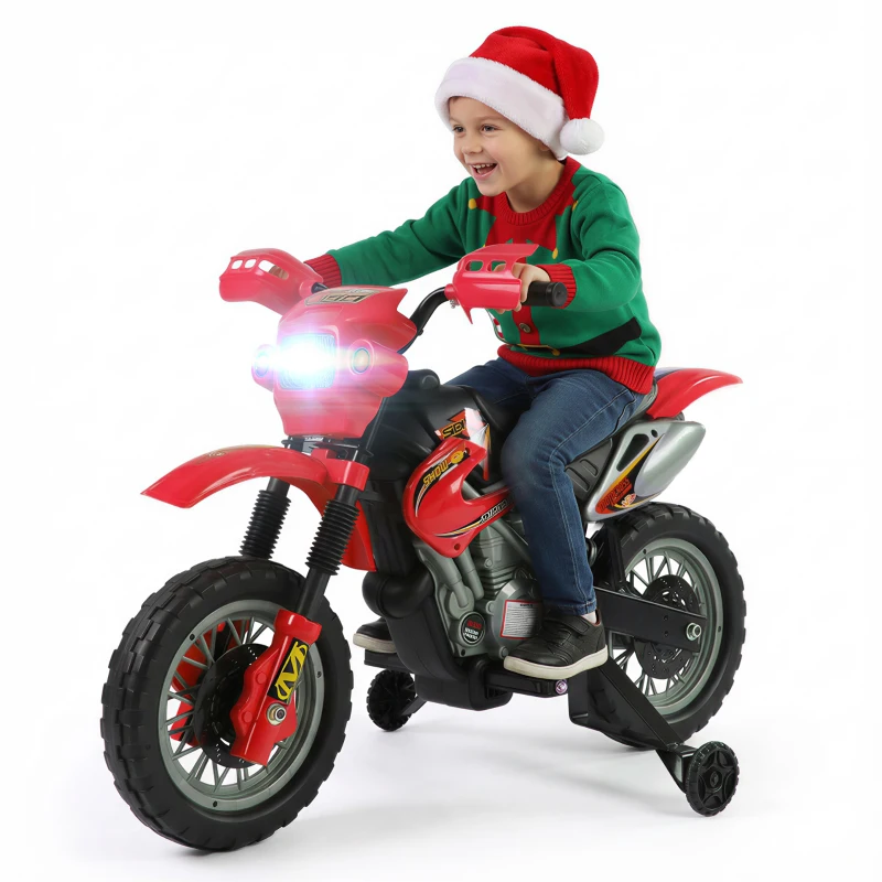 Aosom 6V Kids Motorcycle, Electric Motorcycle with Dirt Bike Style, Street Bike Design Battery Powered Ride On Toy with Training Wheels, Headlight, Music, Ages 5-8, Red