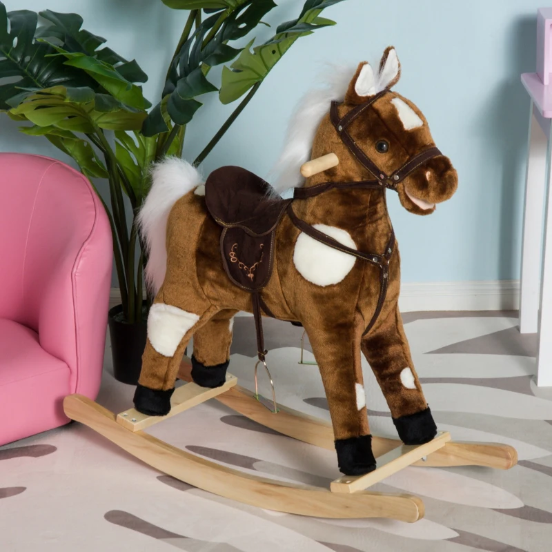 Qaba Kids Metal Plush Ride-On Rocking Horse Chair Toy With Nursery Rhyme Music - Dark Brown