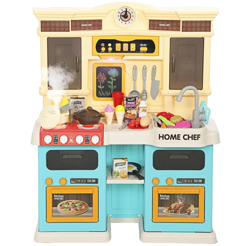 Qaba Play Kitchen Set, Kids Kitchen Playset with Real Lights and Sounds, Sink, Stove, Clock, Accessories, Green