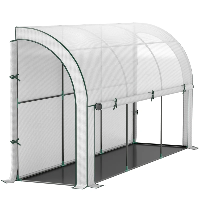Outsunny Walk-in Lean-to Greenhouse, Outdoor Gardening Green House with Zipper Roll-up Doors and Window, 10' x 3' x 5', White
