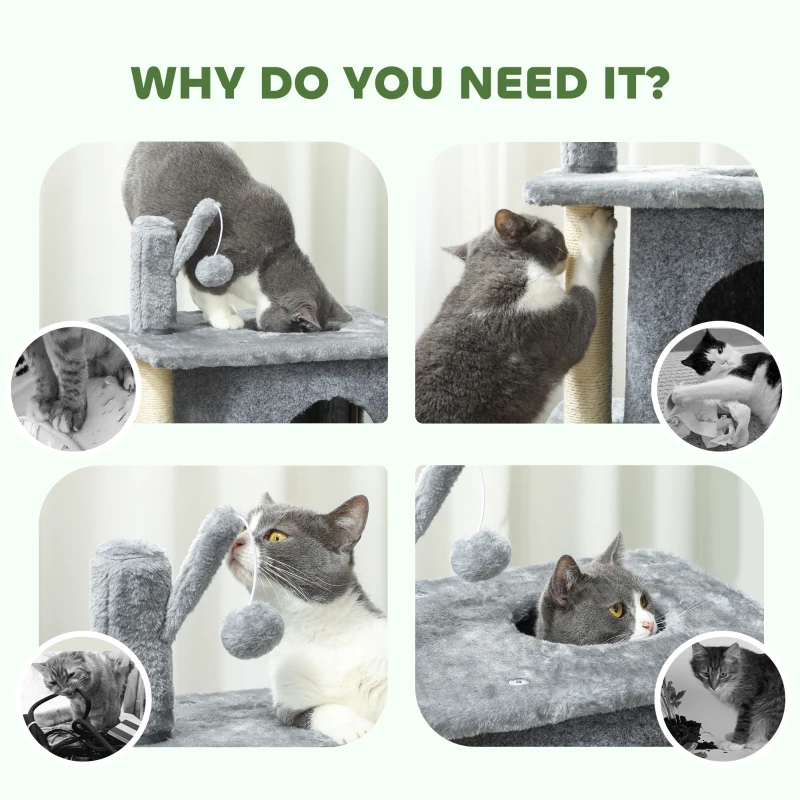 PawHut 31.5" Cat Tree, Multi-Level Cat Tower with 2 Condos and Soft Plush Perches for 1-2 Cats, Grey