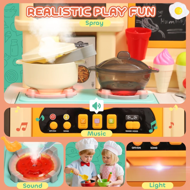 Qaba Play Kitchen Set, Kids Kitchen Playset with Real Lights and Sounds, Sink, Stove, Clock, Accessories, Pink