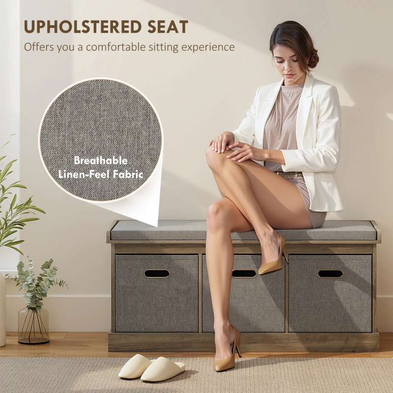 HOMCOM Shoe Storage Bench with Seat, Entryway Bench Seat with Cushion, 3 Fabric Drawers for Hallway, Washed Grey