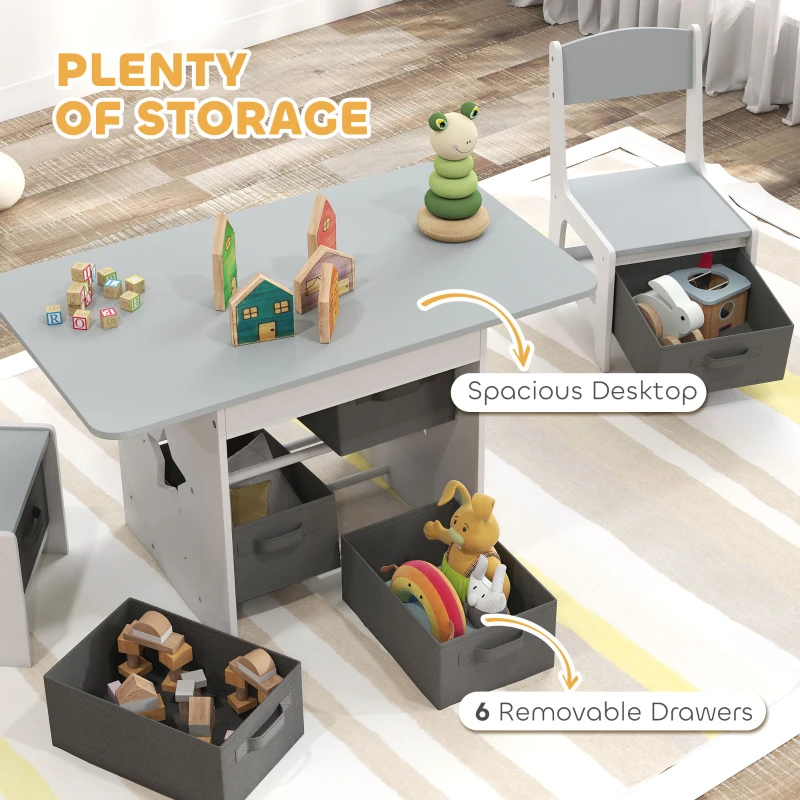 Qaba 3 Piece Kids Table and Chair Set with 6 Removable Drawers, for Classroom, Living Room, Bedroom, Nursery, Light Grey