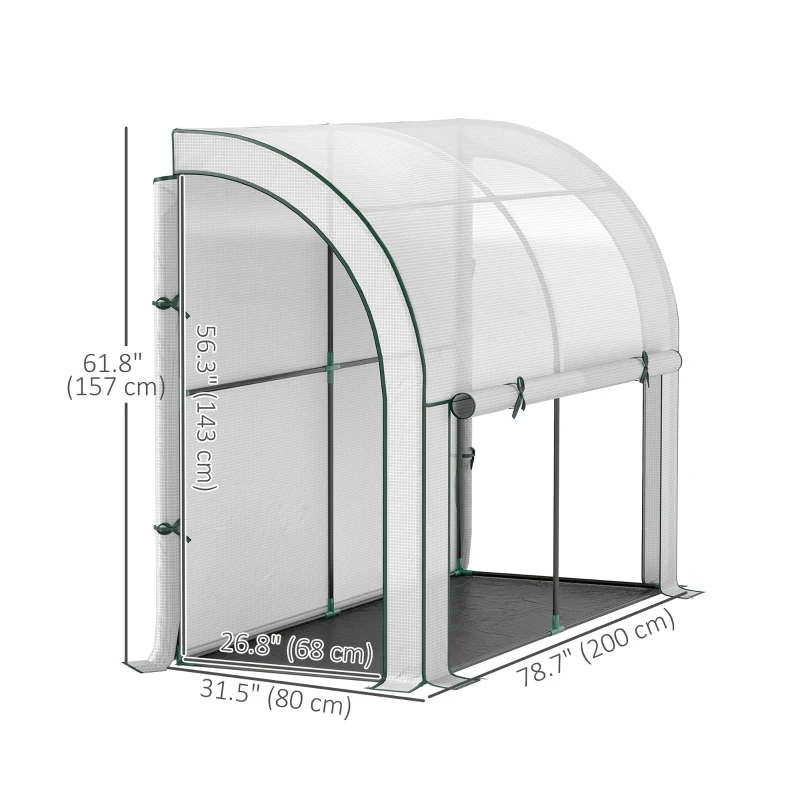 Outsunny Walk-in Lean-to Greenhouse, Outdoor Gardening Green House with Zipper Roll-up Doors and Window, 7' x 3' x 5', White