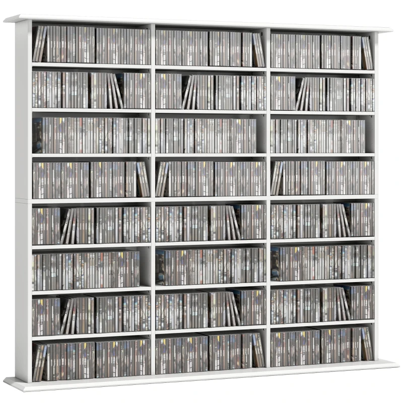 HOMCOM Media Storage Cabinet, 8-Tier DVD Shelf with 18 Adjustable Shelves, Holds 1032 CDs, 594 DVDs or Blu-rays, White