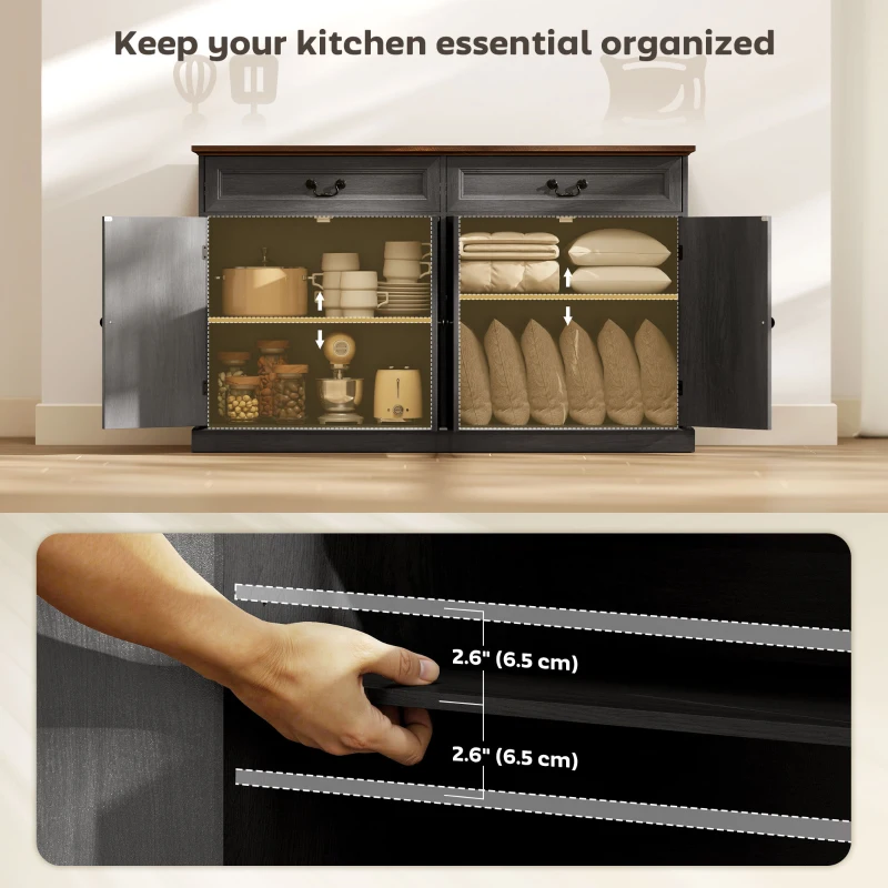 HOMCOM Buffet Cabinet, 55" Farmhouse Sideboard with Charging Station, 2 Drawers and 2 Adjustable Shelves, Black Wood Grain