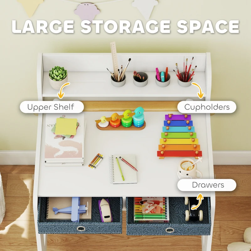 Qaba Kids Study Table and Chair Set, Art Desk and Chair Set with Storage Shelf and Drawers for 3-8 Year Old