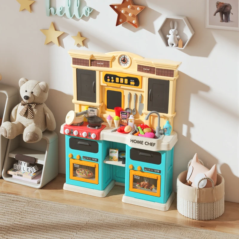 Qaba Play Kitchen Set, Kids Kitchen Playset with Real Lights and Sounds, Sink, Stove, Clock, Accessories, Green