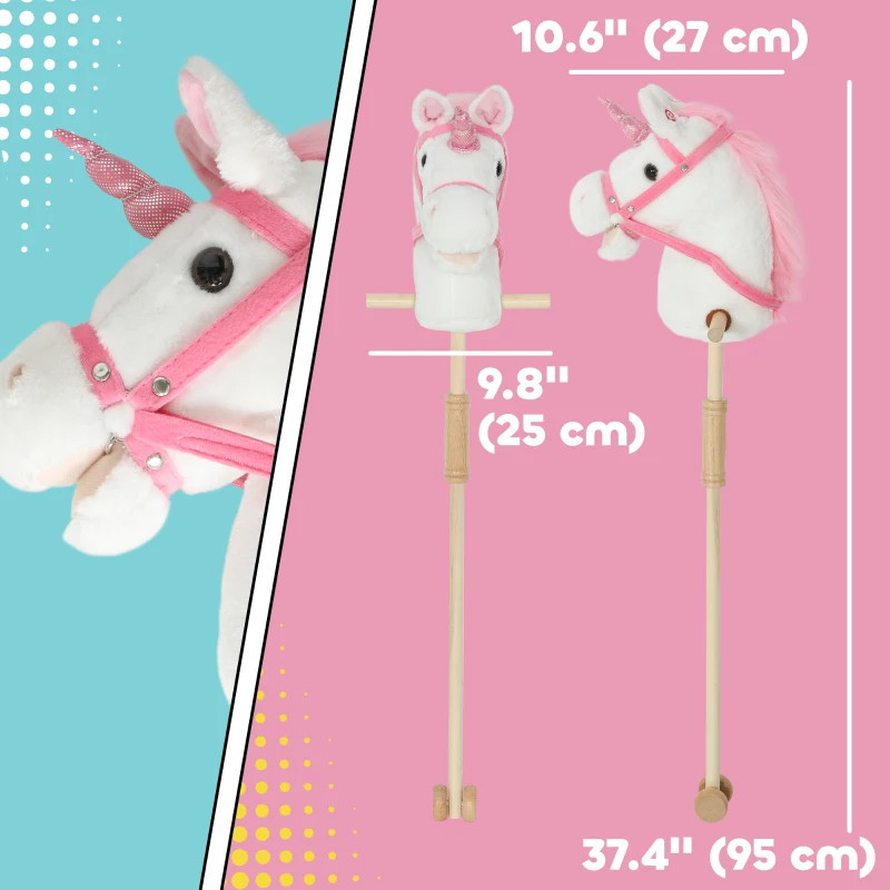 Qaba Unicorn Stick Horse, Plush Hobby Horse with Wood Wheels, Real Pony Neighing and Galloping Sounds, for Kids, White