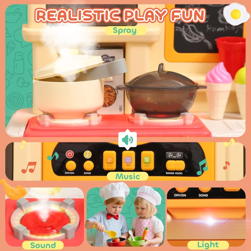 Qaba Play Kitchen Set, Kids Kitchen Playset with Real Lights and Sounds, Sink, Stove, Clock, Accessories, Green