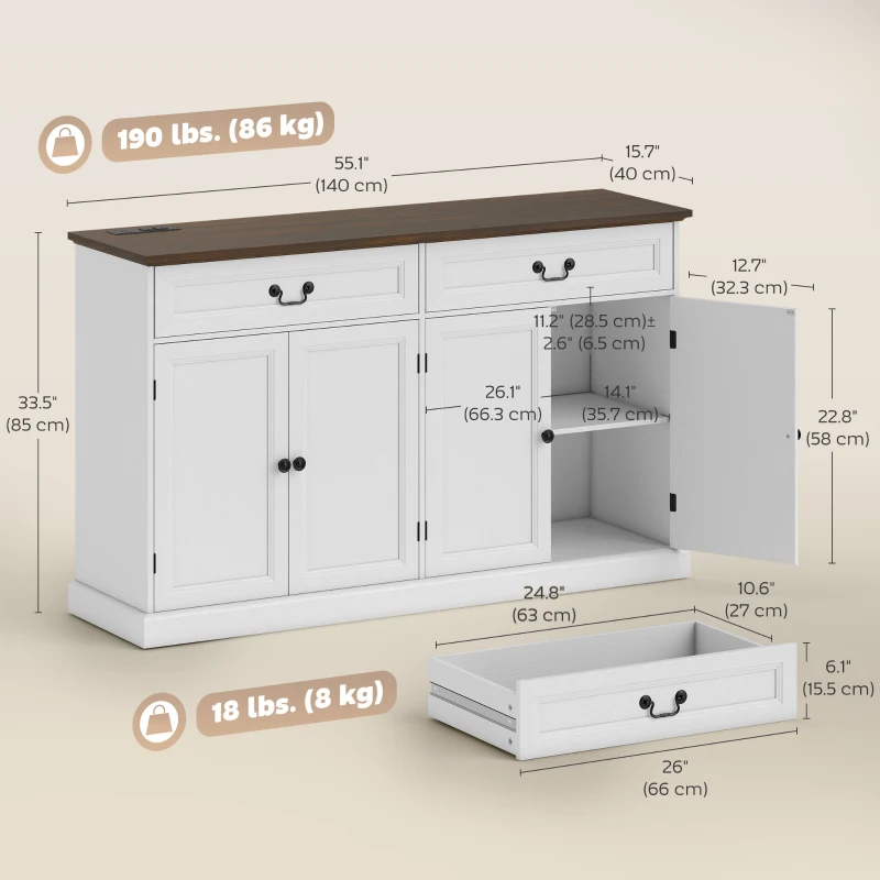 HOMCOM Buffet Cabinet, 55" Farmhouse Sideboard with Charging Station, 2 Drawers and 2 Adjustable Shelves, White Wood Grain