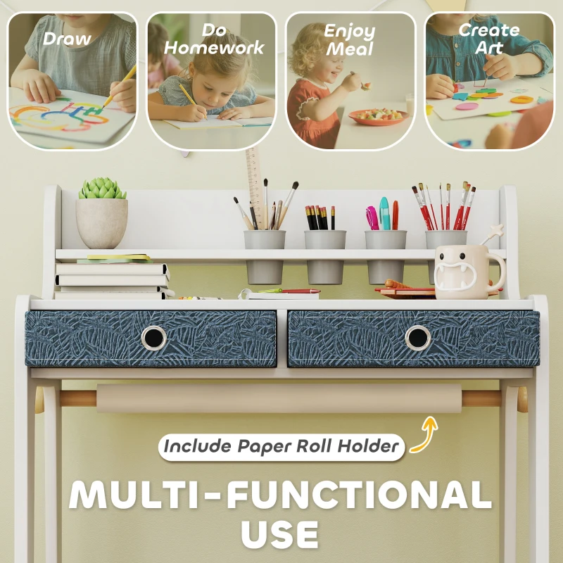 Qaba Kids Study Table and Chair Set, Art Desk and Chair Set with Storage Shelf and Drawers for 3-8 Year Old