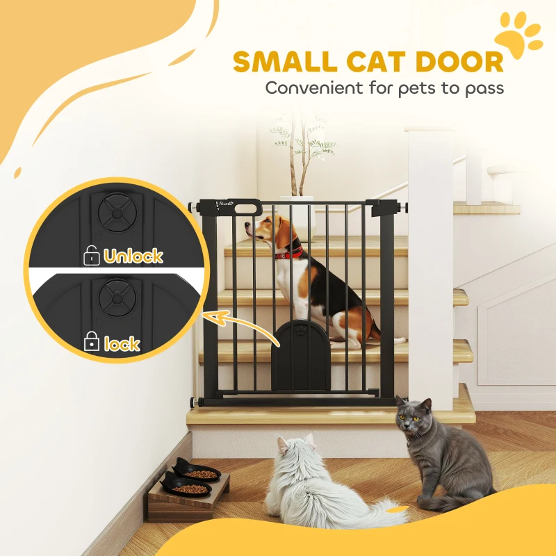 PawHut 30"-32" Extra Wide Pet Gate Barrier with Small Door, 30"H Dog Gate with Safety Gate Barrier, Stair Pressure Fit, Black