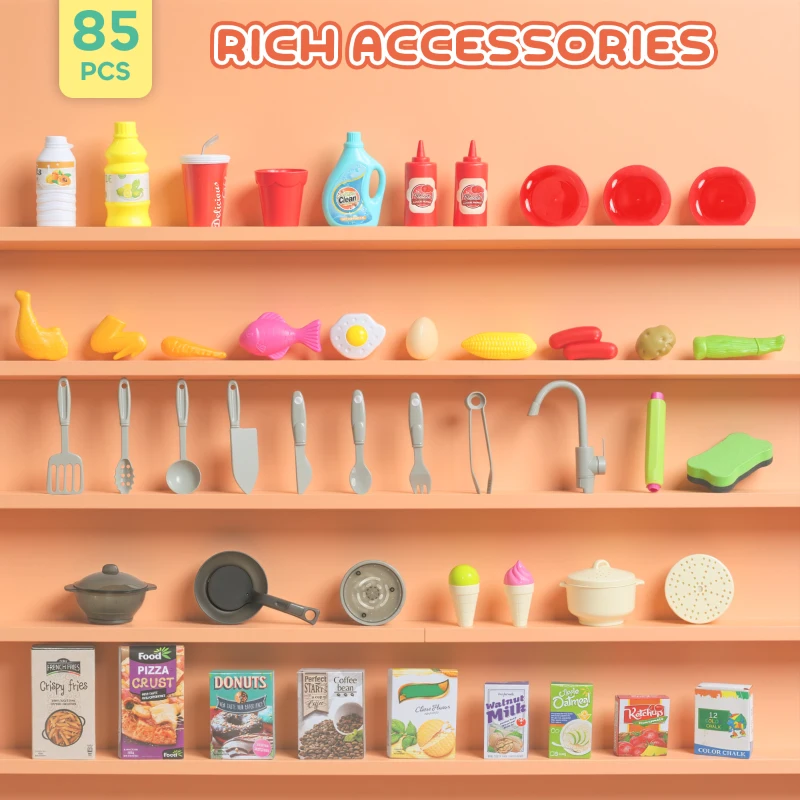 Qaba Play Kitchen Set, Kids Kitchen Playset with Real Lights and Sounds, Sink, Stove, Clock, Accessories, Green