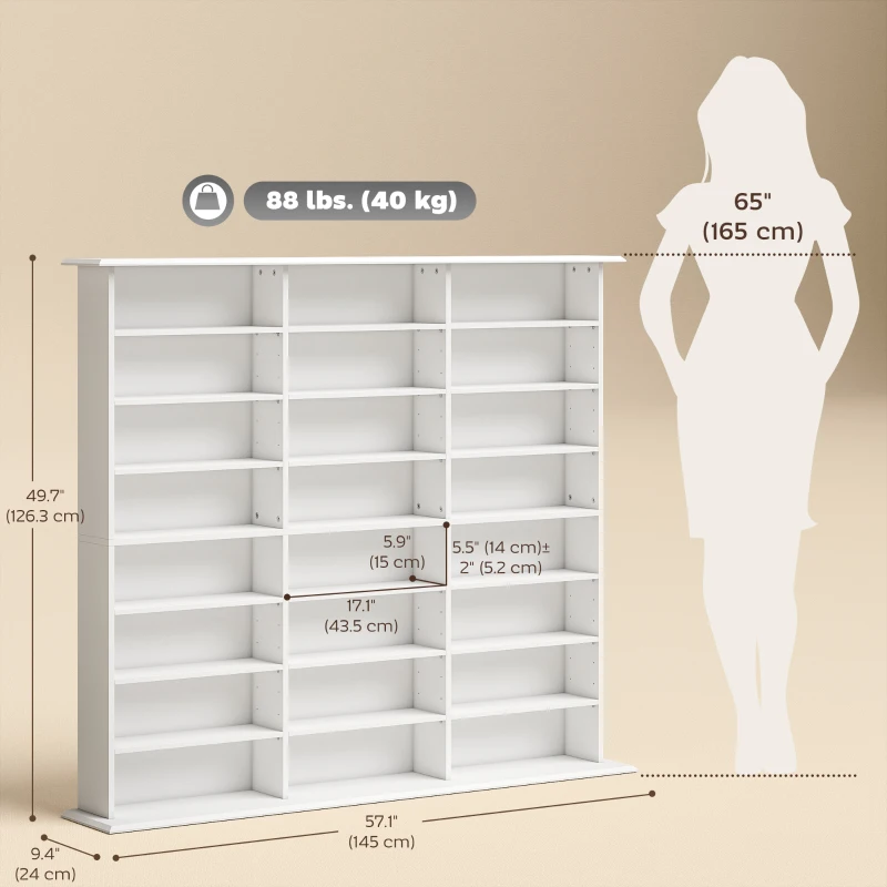 HOMCOM Media Storage Cabinet, 8-Tier DVD Shelf with 18 Adjustable Shelves, Holds 1032 CDs, 594 DVDs or Blu-rays, White