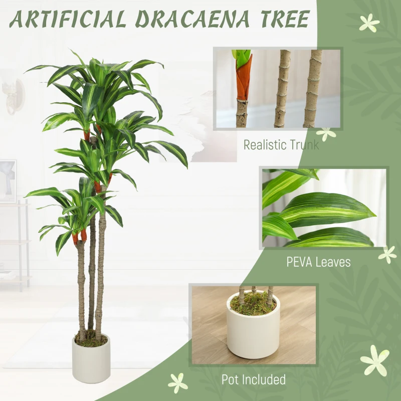 HOMCOM 5FT Dracaena Fake Plant, Artificial Plant with Bendable Trunks for Home Office Decor, Green
