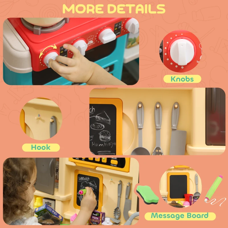 Qaba Play Kitchen Set, Kids Kitchen Playset with Real Lights and Sounds, Sink, Stove, Clock, Accessories, Green