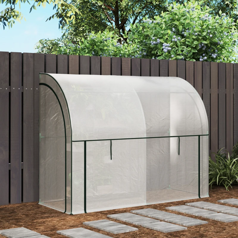 Outsunny Walk-in Lean-to Greenhouse, Outdoor Gardening Green House with Zipper Roll-up Doors and Window, 7' x 3' x 5', White