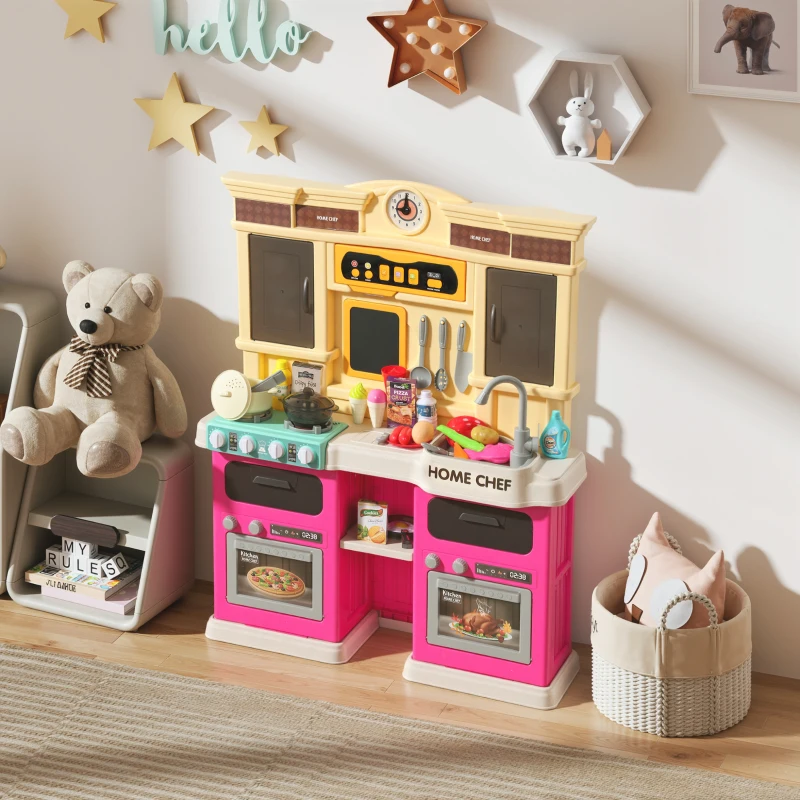 Qaba Play Kitchen Set, Kids Kitchen Playset with Real Lights and Sounds, Sink, Stove, Clock, Accessories, Pink