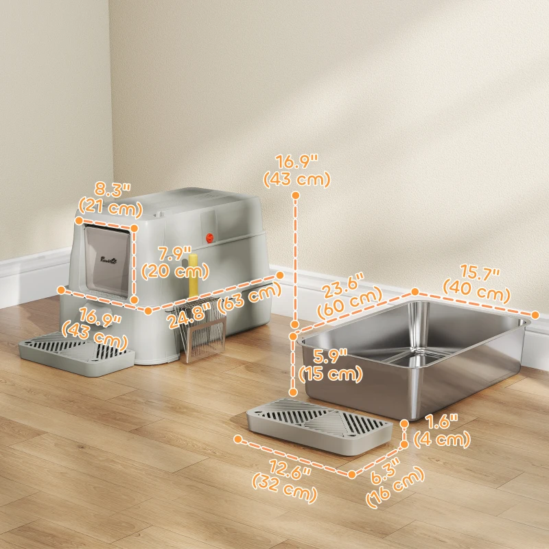 PawHut 80L XL Stainless Steel Cat Litter Box for Big Cats with Flip Cover, Pull-Out Drawer Tray, High Sided, Pedal, Light Grey