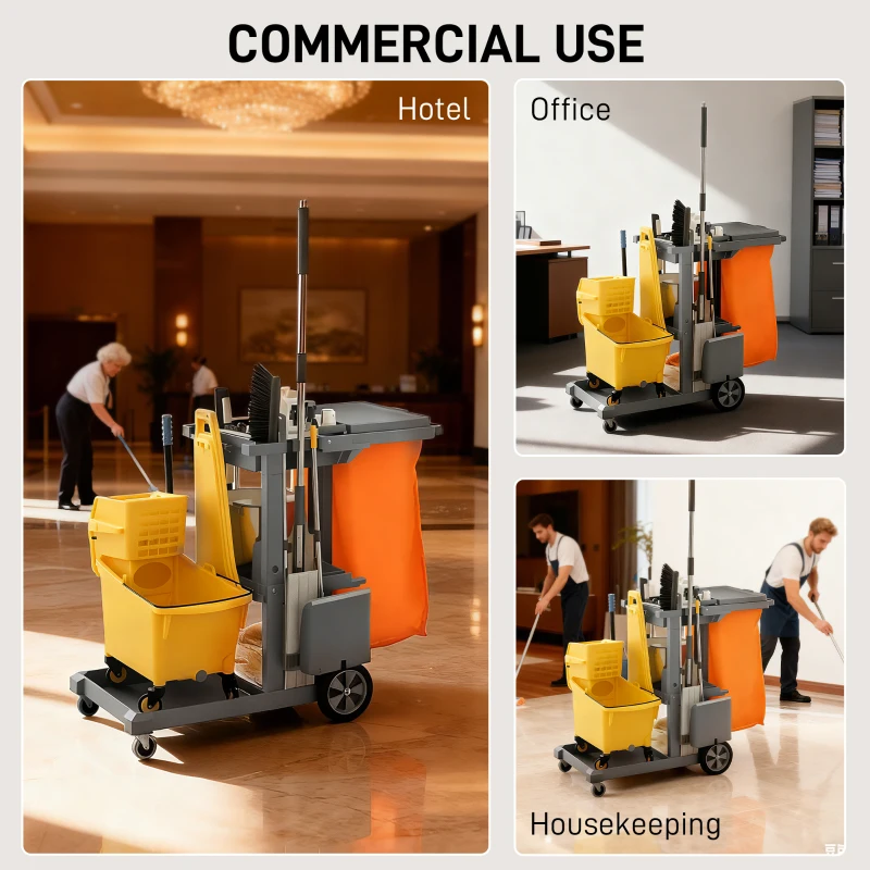 HOMCOM Commercial Janitorial Cart with 3 Tier Shelves, Cleaning Cart with Rubbish Bag and Mop Mount for Hotel Restaurant, Grey