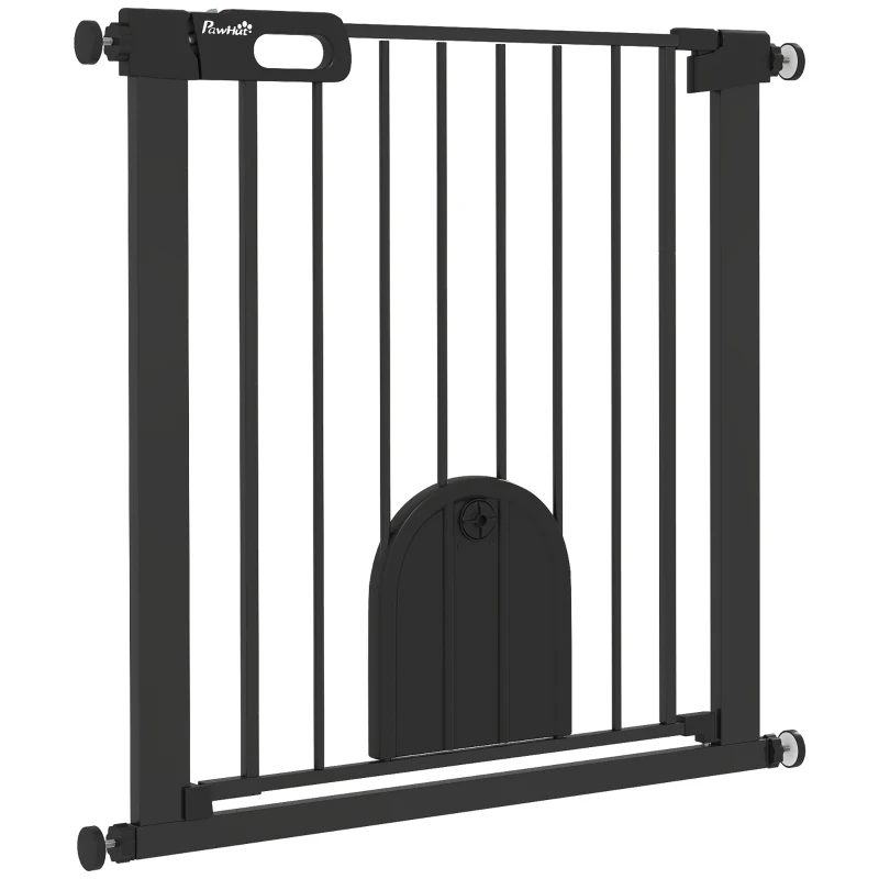 PawHut 30"-32" Extra Wide Pet Gate Barrier with Small Door, 30"H Dog Gate with Safety Gate Barrier, Stair Pressure Fit, Black