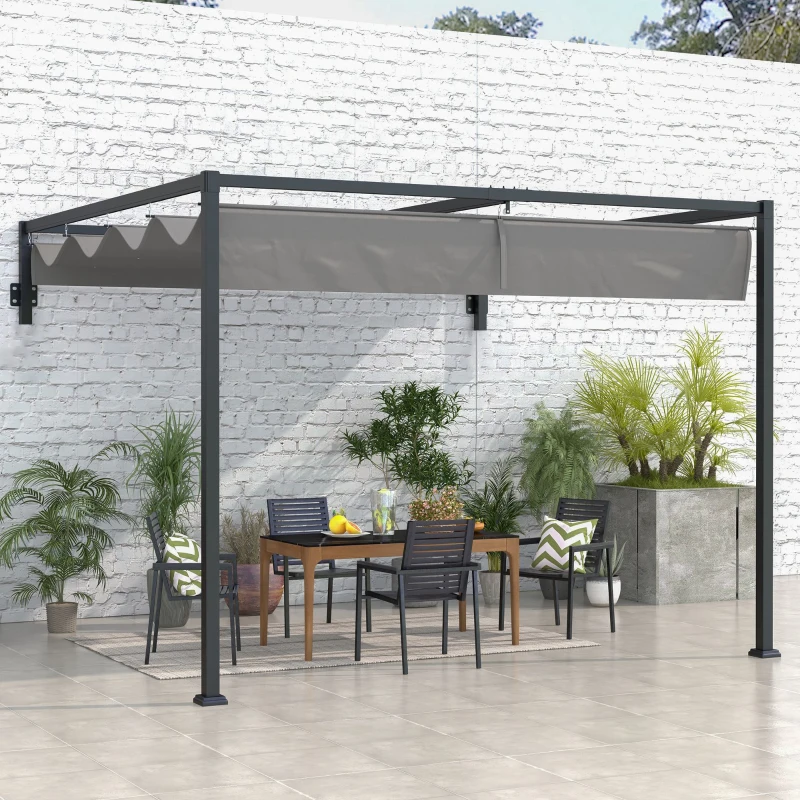 Outsunny 10' x 7' Lean To Pergola, Metal Pergola with Retractable Roof for Grill, Garden, Patio, Deck