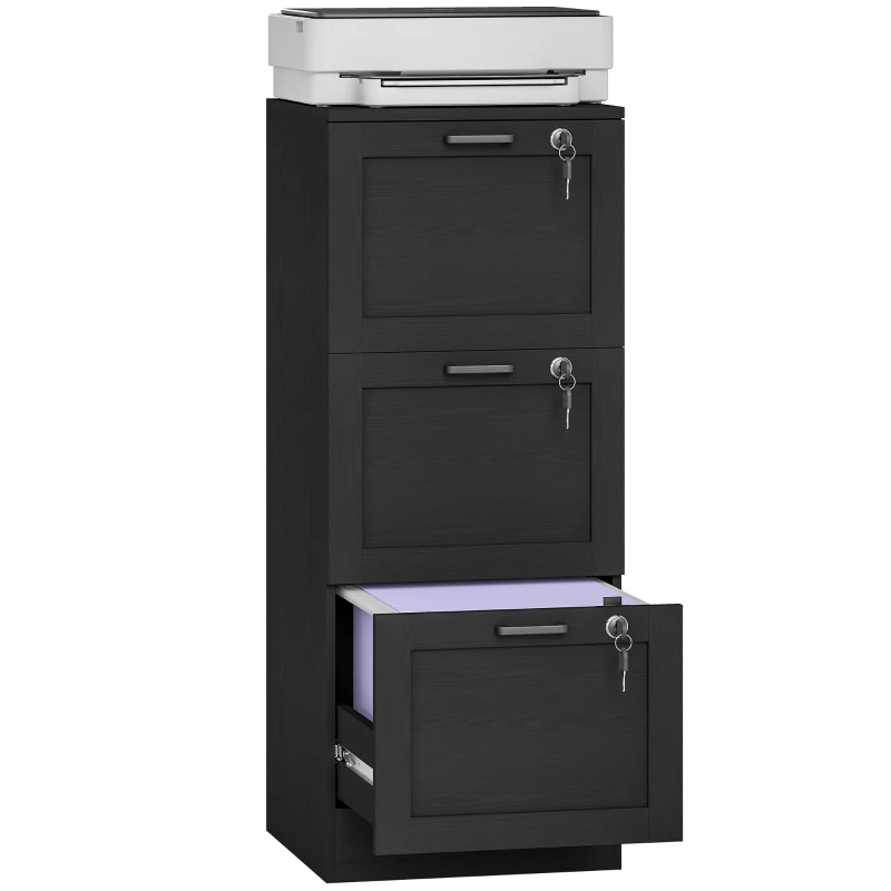 HOMCOM Vertical Filing Cabinet with 3 Drawers, Lock, File Cabinet for Home Office, A4 and Letter Size Files, Black