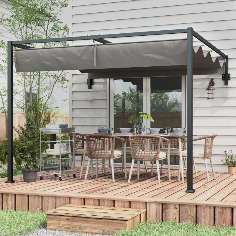 Outsunny 10' x 7' Lean To Pergola, Metal Pergola with Retractable Roof for Grill, Garden, Patio, Deck