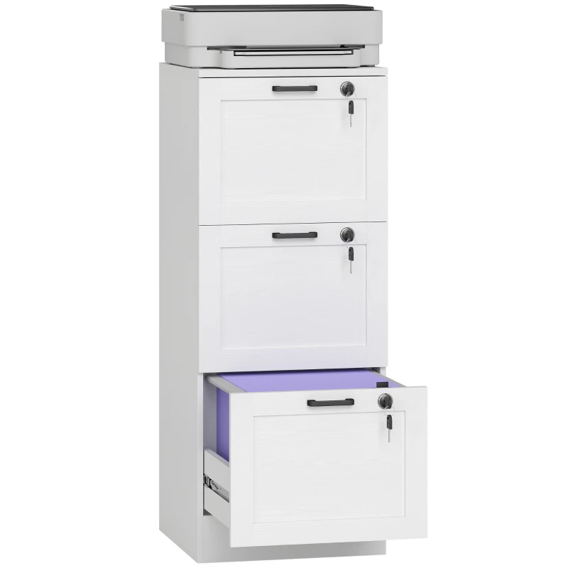 HOMCOM Vertical Filing Cabinet with 3 Drawers, Lock, File Cabinet for Home Office, A4 and Letter Size Files, White