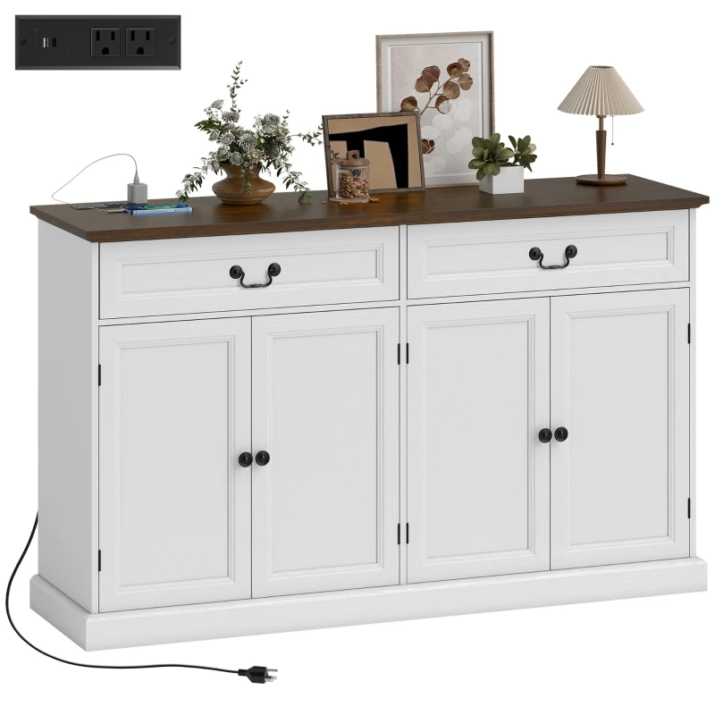 HOMCOM Buffet Cabinet, 55" Farmhouse Sideboard with Charging Station, 2 Drawers and 2 Adjustable Shelves, White Wood Grain