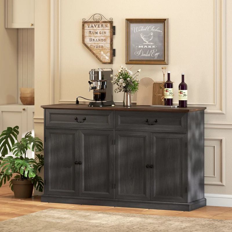 HOMCOM Buffet Cabinet, 55" Farmhouse Sideboard with Charging Station, 2 Drawers and 2 Adjustable Shelves, Black Wood Grain