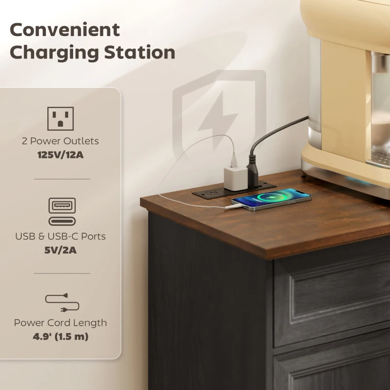 HOMCOM Buffet Cabinet, 55" Farmhouse Sideboard with Charging Station, 2 Drawers and 2 Adjustable Shelves, Black Wood Grain