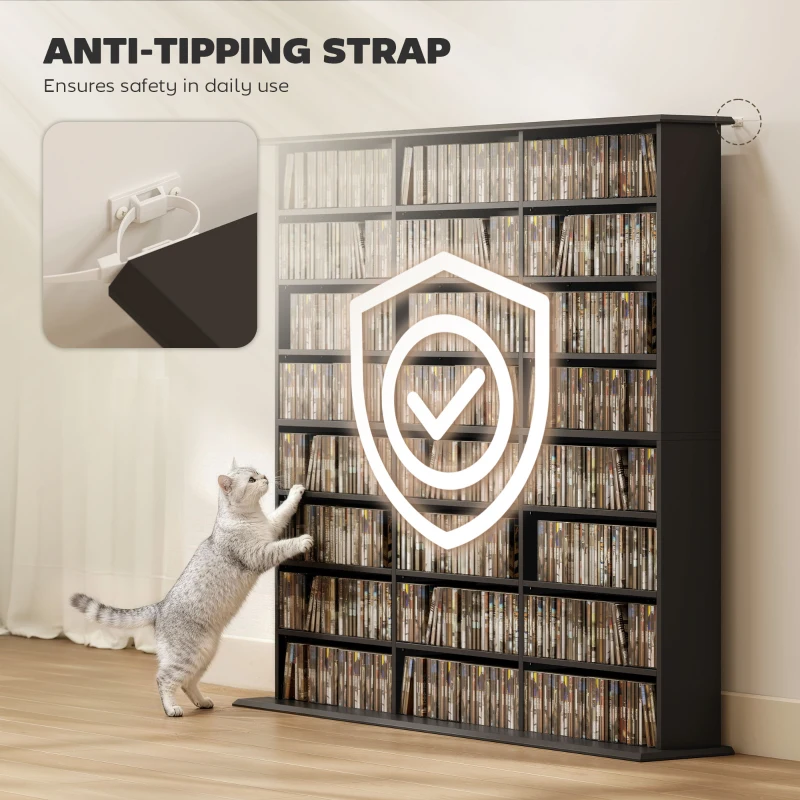 HOMCOM Media Storage Cabinet, 8-Tier DVD Shelf with 18 Adjustable Shelves, Holds 1032 CDs, 594 DVDs or Blu-rays, Black