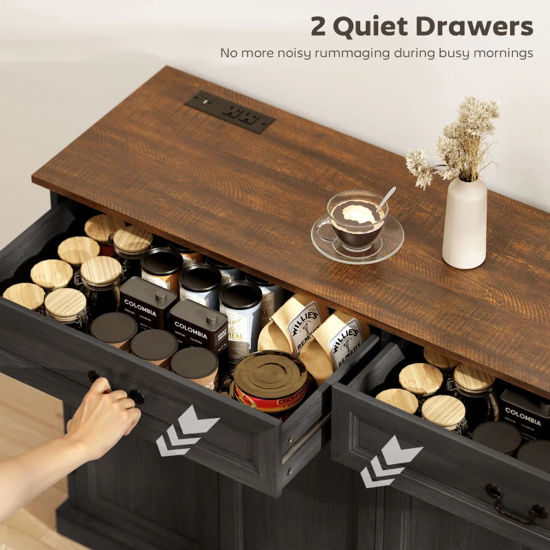 HOMCOM Buffet Cabinet, 55" Farmhouse Sideboard with Charging Station, 2 Drawers and 2 Adjustable Shelves, Black Wood Grain