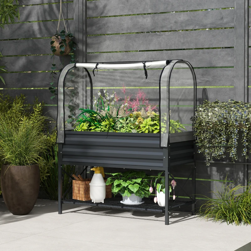 Outsunny Raised Garden Bed with Cover, Metal Elevated Planter Box with Bottom Shelf and Liner, Dark Grey