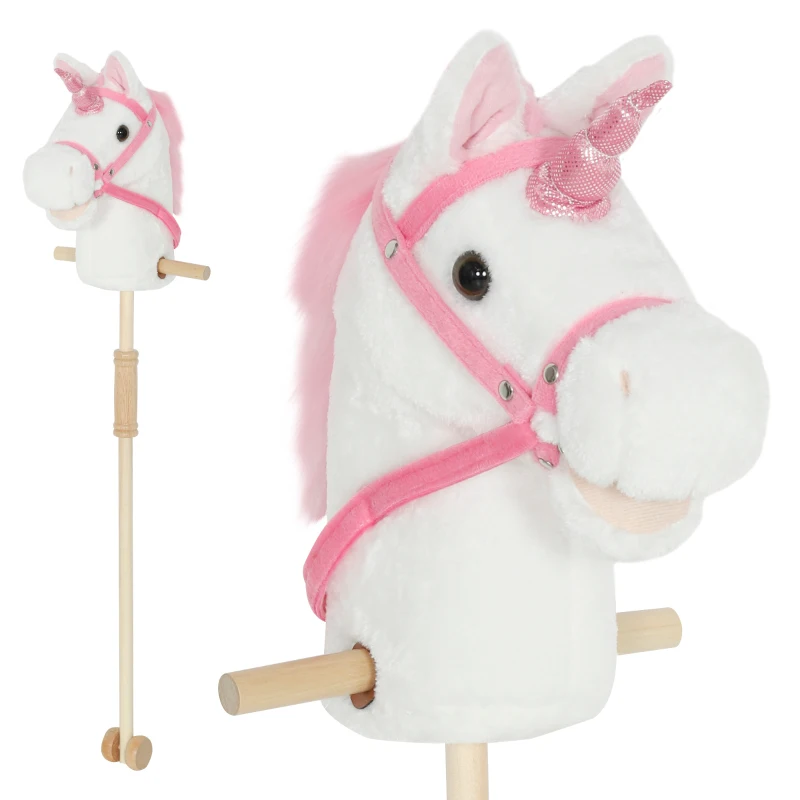 Qaba Unicorn Stick Horse, Plush Hobby Horse with Wood Wheels, Real Pony Neighing and Galloping Sounds, for Kids, White