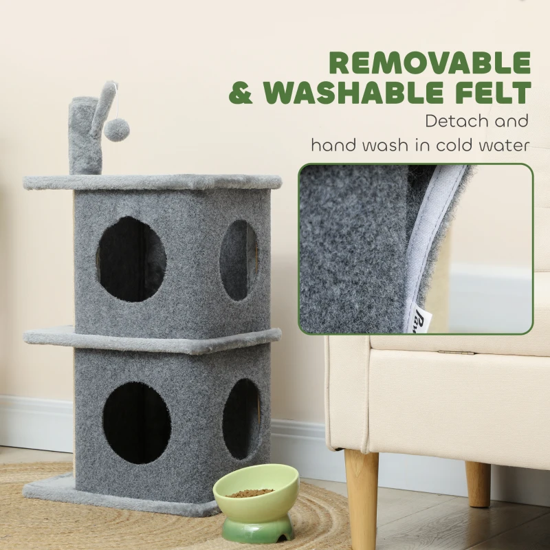 PawHut 31.5" Cat Tree, Multi-Level Cat Tower with 2 Condos and Soft Plush Perches for 1-2 Cats, Grey