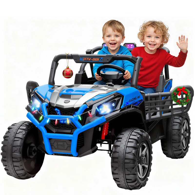 Qaba 2 Seater 24V Kids Electric Car w/ Remote Control, 3 Speed, LED Lights, Music, Horn, Spring Suspension, Slow Start, Blue