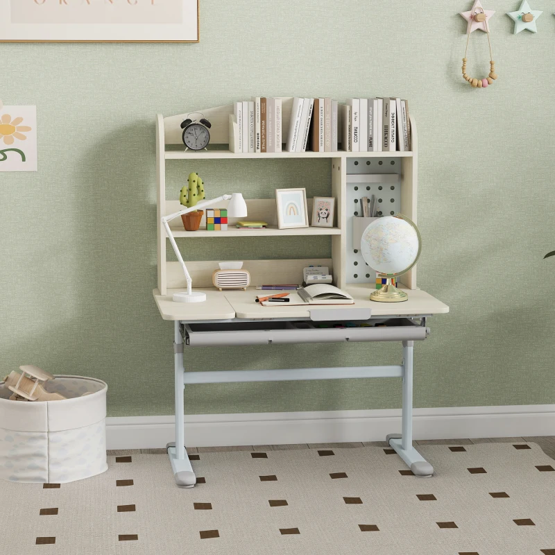 Qaba Kids Desk Height Adjustable with Tilted Desktop, Storage, Drawer, Pegboard, for 3-12 Years
