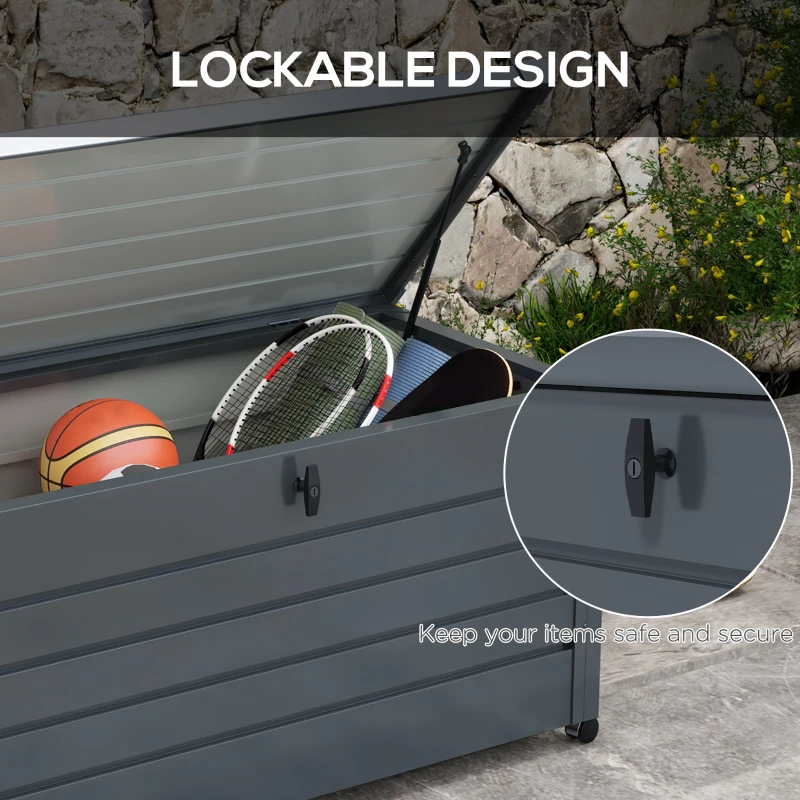 Outsunny 82 Gallon Garden Storage Box, Waterproof Outdoor Storage Container with Wheels and Handles, Dark Grey