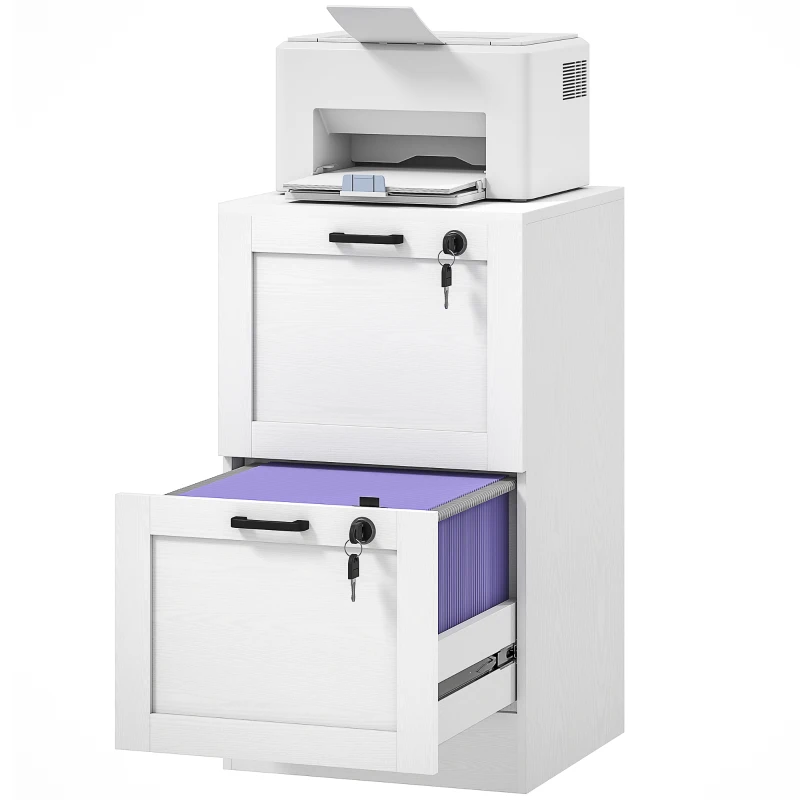 HOMCOM Vertical Filing Cabinet with 2 Drawers, Lock, File Cabinet for Home Office, A4 and Letter Size Files, White