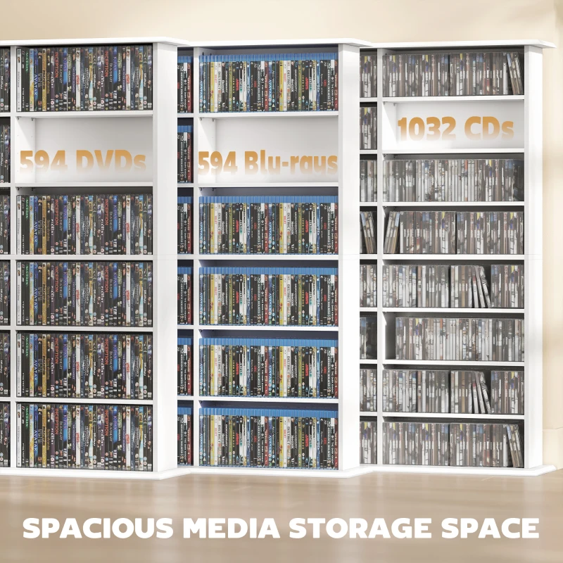 HOMCOM Media Storage Cabinet, 8-Tier DVD Shelf with 18 Adjustable Shelves, Holds 1032 CDs, 594 DVDs or Blu-rays, White