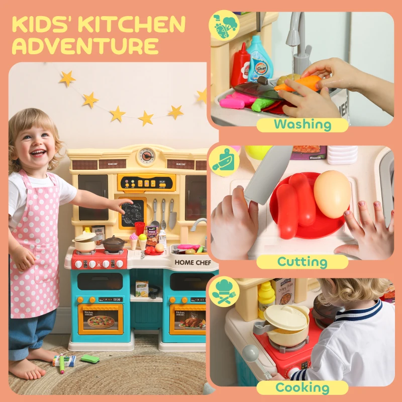 Qaba Play Kitchen Set, Kids Kitchen Playset with Real Lights and Sounds, Sink, Stove, Clock, Accessories, Green
