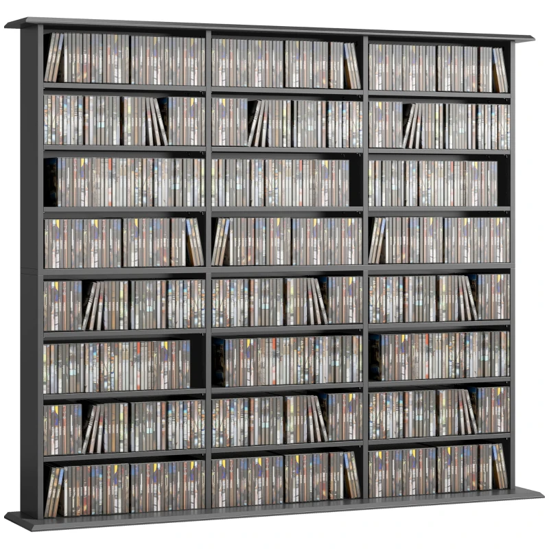 HOMCOM Media Storage Cabinet, 8-Tier DVD Shelf with 18 Adjustable Shelves, Holds 1032 CDs, 594 DVDs or Blu-rays, Black