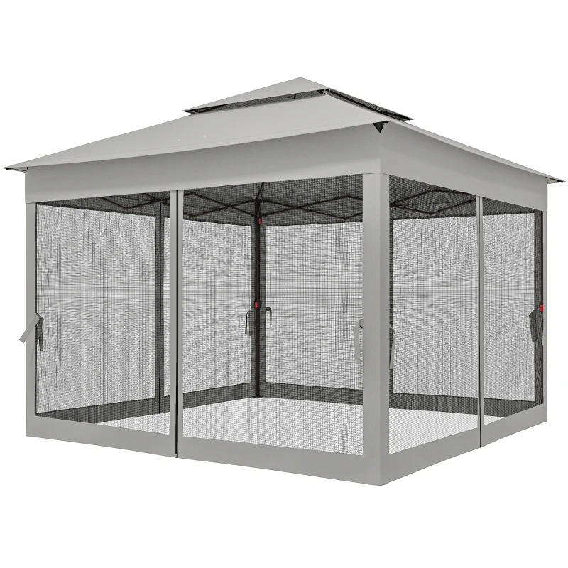 Outsunny 11' x 11' Pop Up Canopy 2-Tier Soft Top Shelter Event Tent w/ Netting Carry Bag for Patio Backyard Garden, Light Grey