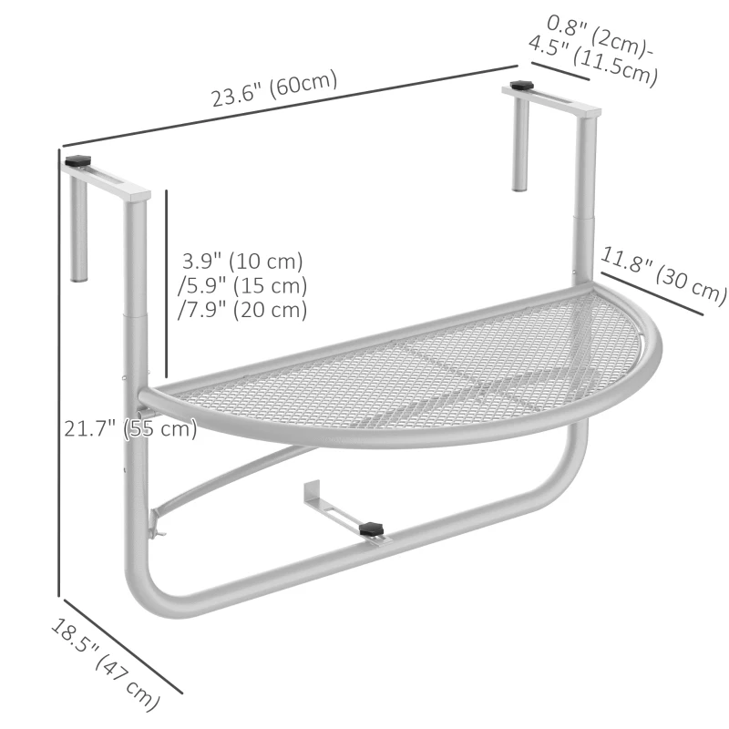 Outsunny Adjustable Balcony Hanging Railing Table, Metal Mounting Mini Wall Desk Storage Rack, Outdoor Flower Stand Serving Table Half Round, White