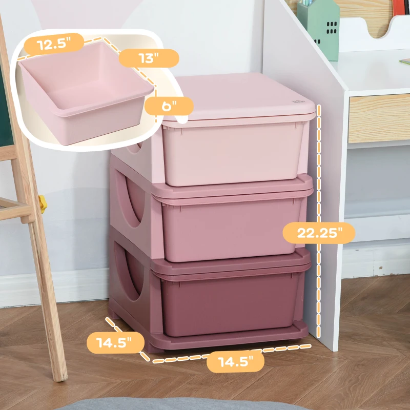 Qaba 3 Tier Kids Storage Unit, 3 Drawer Chest Toy Organizer Plastic Bins for Kids Bedroom Nursery Kindergarten Living Room for Boys Girls Toddlers, Pink