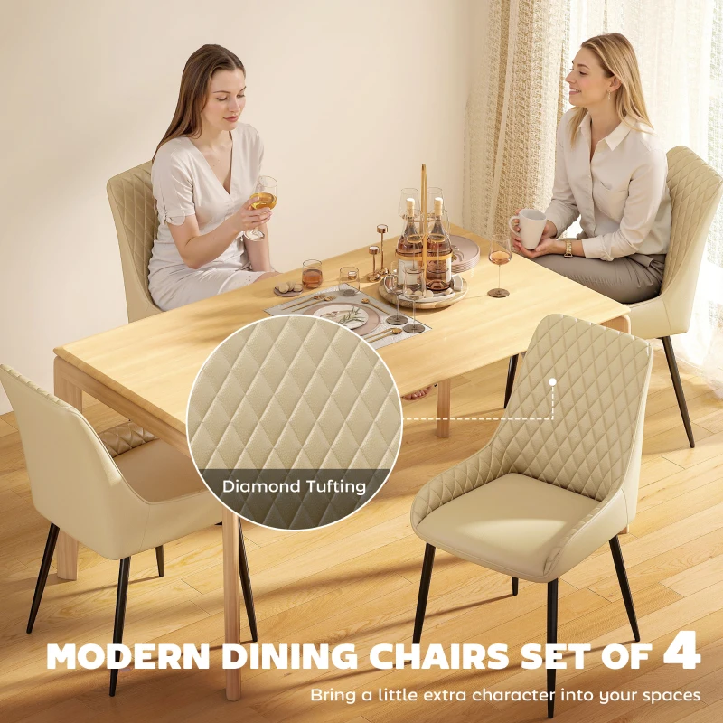 HOMCOM Upholstered Kitchen Chairs, Modern Dining Chairs Set of 4 with Diamond Tufting and Steel Legs for Dining Room, Khaki